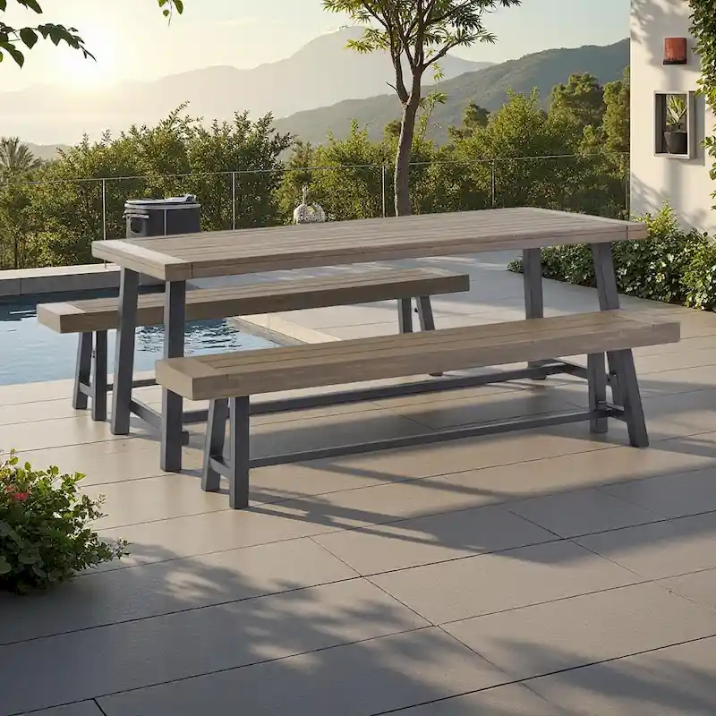 Rustic 3-Piece Outdoor Patio Picnic Dining Set with 2 Benches, Acacia Wood and Iron Frame