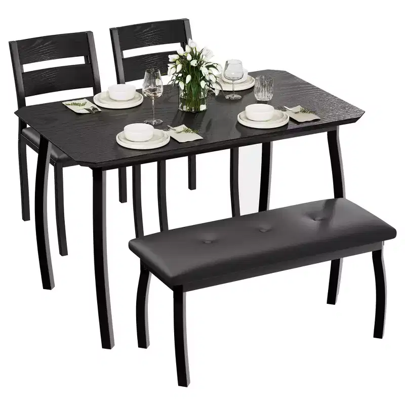 4-Piece Dining Table Set with Upholstered Bench & 2 Chairs, Space-Saving Kitchen Table for Apartment or Small Dining Room