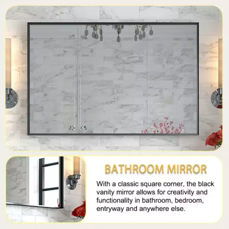 40x30inch Glossy Black Bathroom Mirrors For Wall Rectangle Vanity Mirror Corner Hangs Farmhouse Mirror Modern Metal Framed Rectangular Mirror