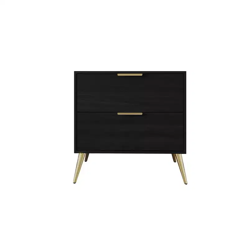 2-Drawer Nightstand with Gold Legs and Handles, Solid Wood