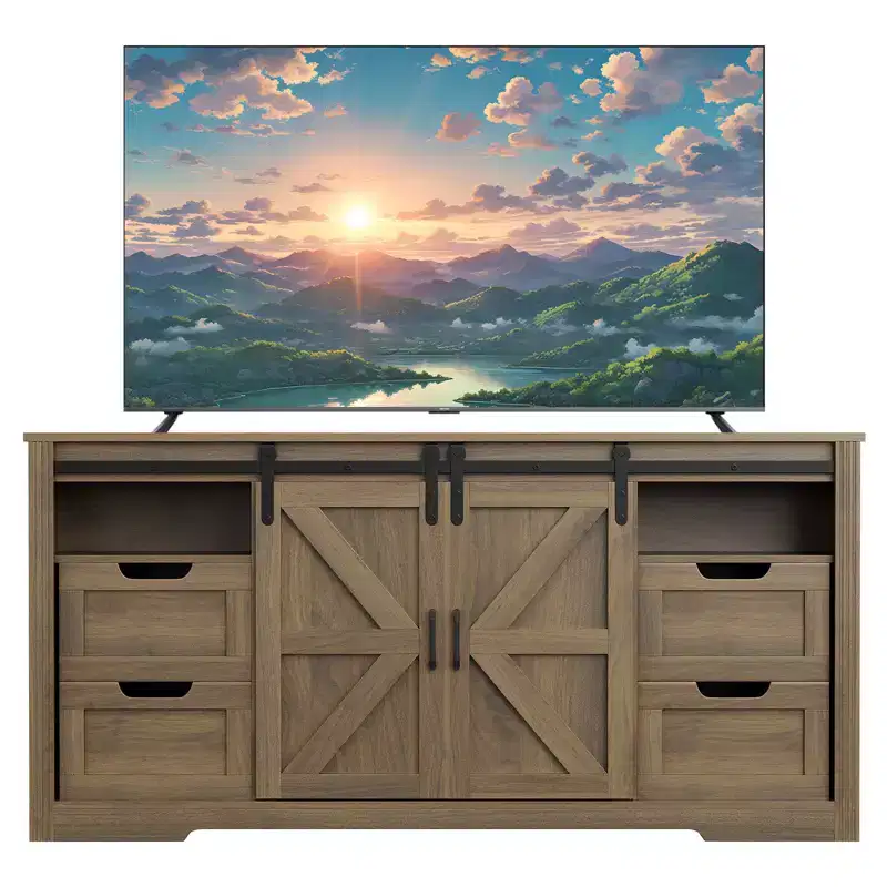 Rustic Farmhouse TV Stand Entertainment Center with Sliding Barn Doors, 4 Drawers, Adjustable Shelf & Cable Management, Perfect for Living Room