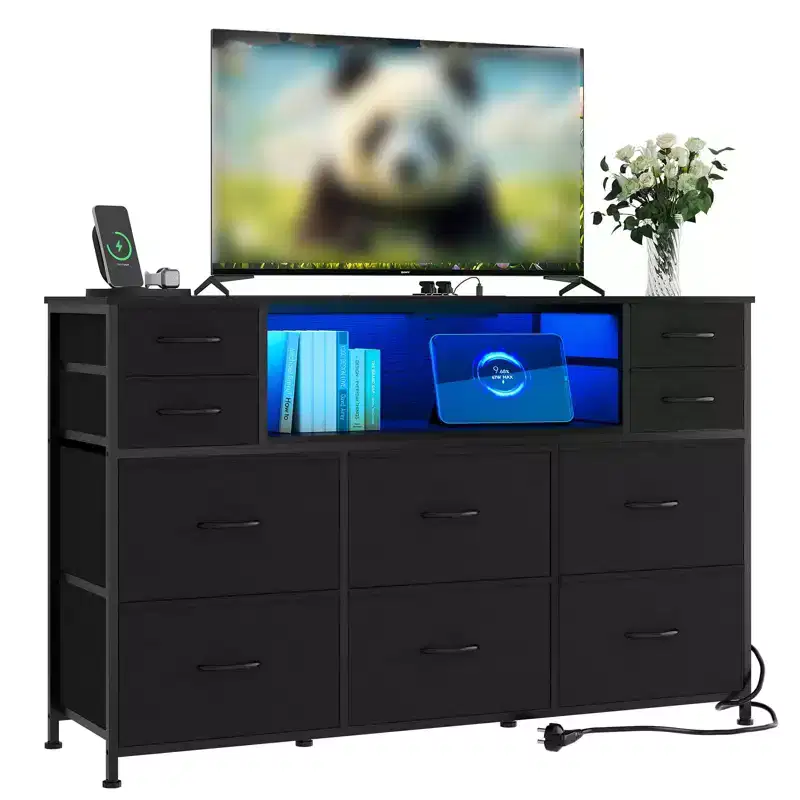 10 Drawers Dresser for Bedroom, Chest of Drawers with Fabric Bins, TV Stand with Power Outlet, Clothes Storage Organizer for Living Room, Brown