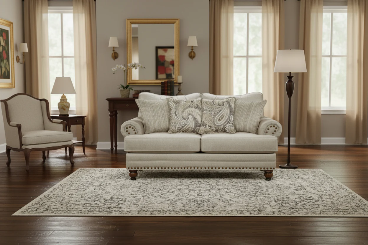 Beige Transitional Loveseat with Nailhead Trim