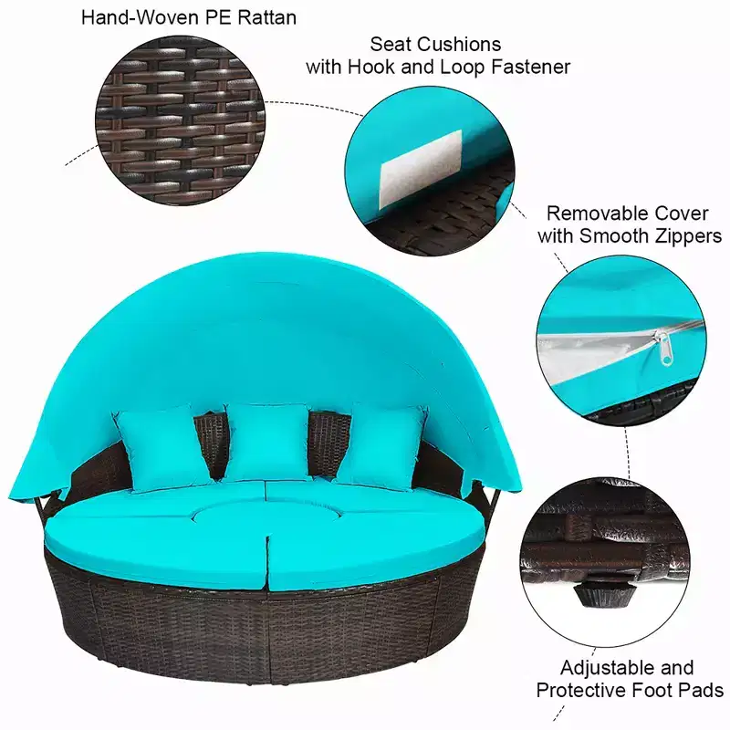 Costway Patio Rattan Daybed Cushioned Sofa Adjustable Table Top Canopy