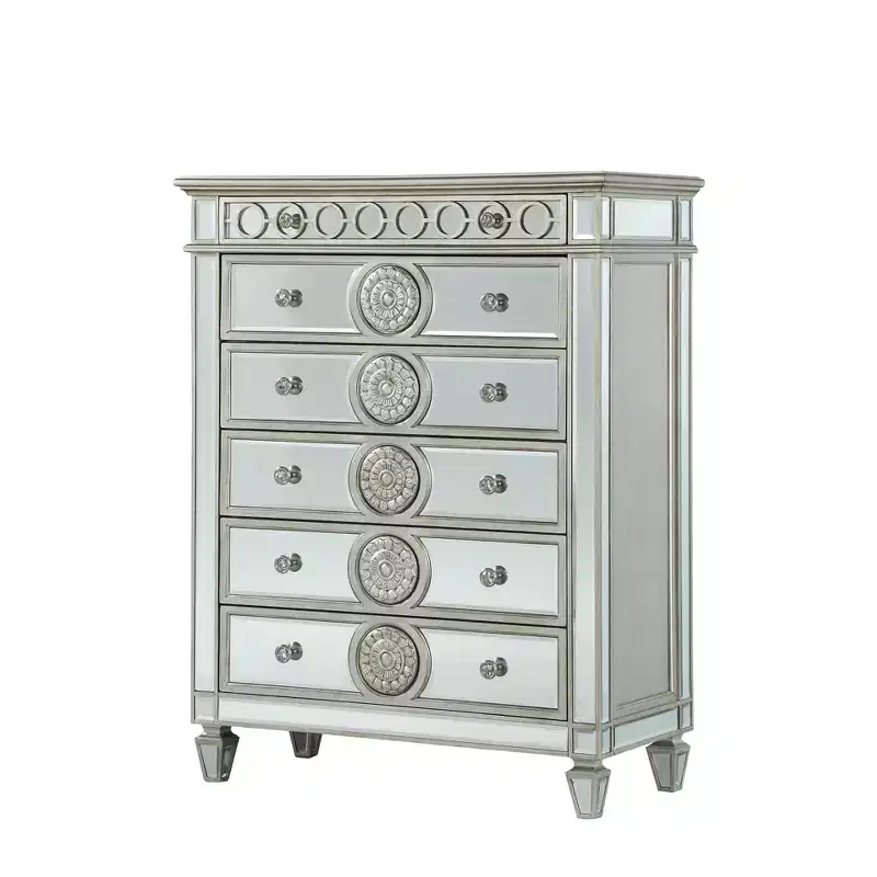 Glam Mirrored Chest of Drawers with Silver Trim – 5 Drawer Bedroom Storage