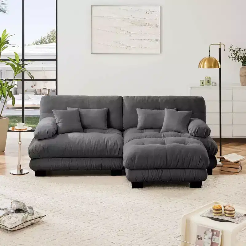 MAYEERTY Cloud Sectional Sofa with 2 Seater 2 Lumbar Pillows 2 Throw Pillows Upholstered Wide Arm Sofa for Living Room Gray