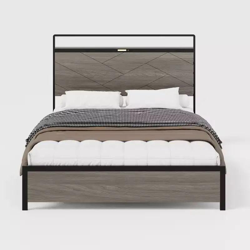 Full/Queen/King Size Platform Bed with LED Storage Headboard, Wooden Platform Bed Frame with 2 USB, Large Underbed Storage, Antique Grey