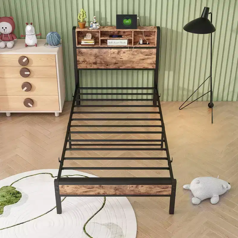 Twin Size Bed Frame with Storage Headboard & Charging Station, Bookcase Shelves for Kids' Bedroom