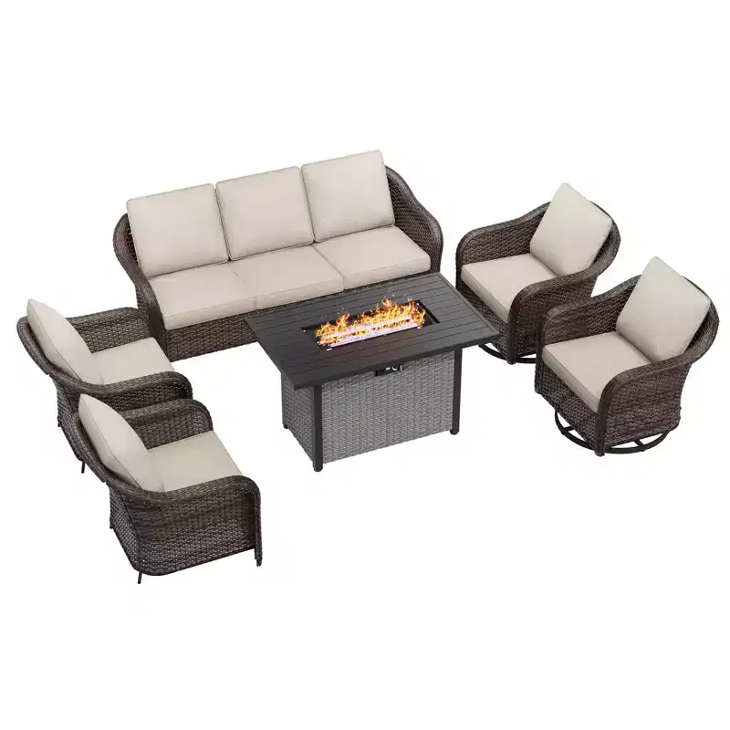 UPTIOT 6-Piece Outdoor Set with 3-Seat Sofa, 2 Swivel Chairs, 2 Single Chairs & 50,000 BTU Brown Fire Table