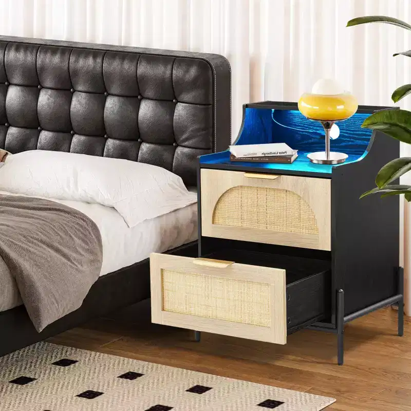 Rattan Nightstand with Charging Station, Wooden Accent End Table with 2 Drawers, Sofa Side Table for Living Room Bedroom