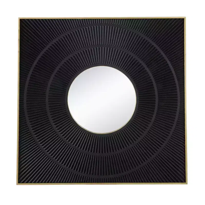 40 x 40 Inch Square Carved Wall Mirror with Pleated Design and Gold Iron Frame