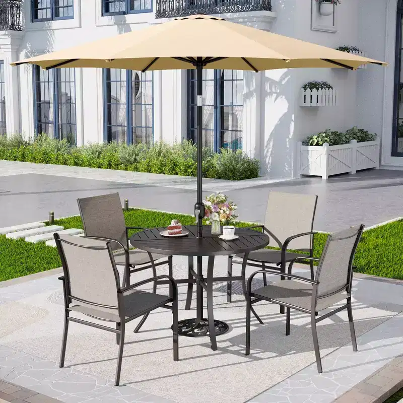 Captiva Designs 6pc Patio Dining Set Steel Table & Sling Fixed Chairs & Market Umbrella