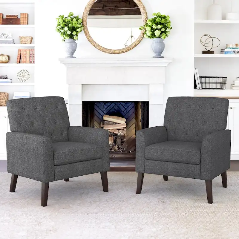 LUE BONA Mid-Century Modern Upholstered Linen Fabric Button Tufted Accent Chair Set of 2 - 28.5 W X 27.25 D X 33.75 H