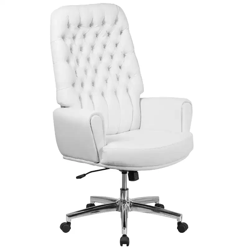 High Back Button Tufted Faux Leather Swivel Home Office Chair with Welt Trimmed Arms