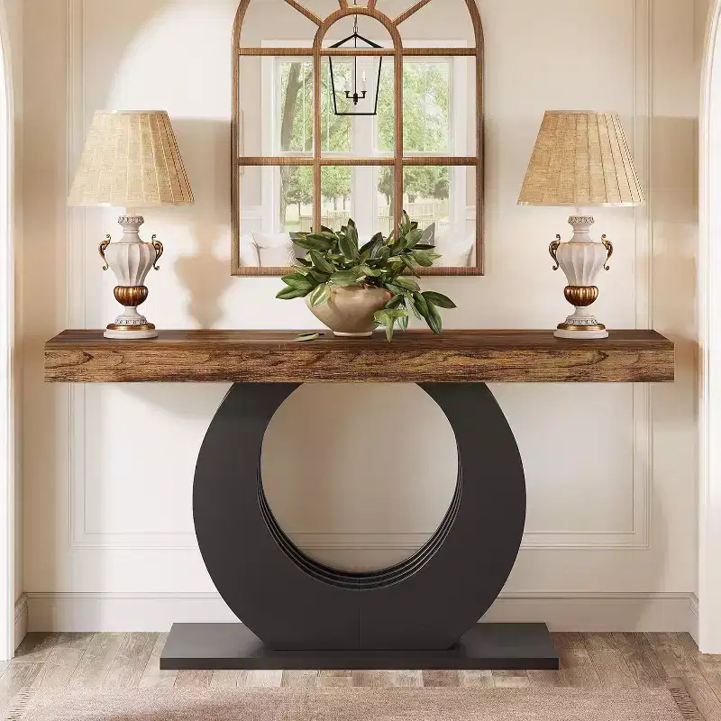 Lantine 63-Inch Console Sofa Table, Rustic Industrial Farmhouse Entryway Table with Black Circle Base for Living Room, Hallway, Rustic Brown