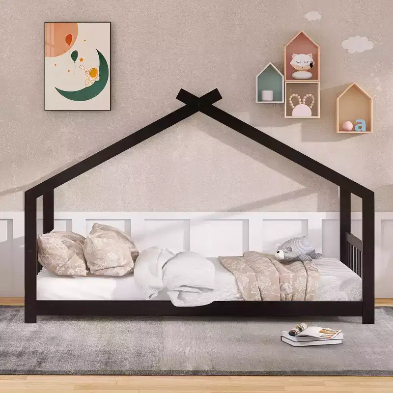 Twin Size House Bed Frame with Roof and Fence – Pine Wood, No Box Spring Needed