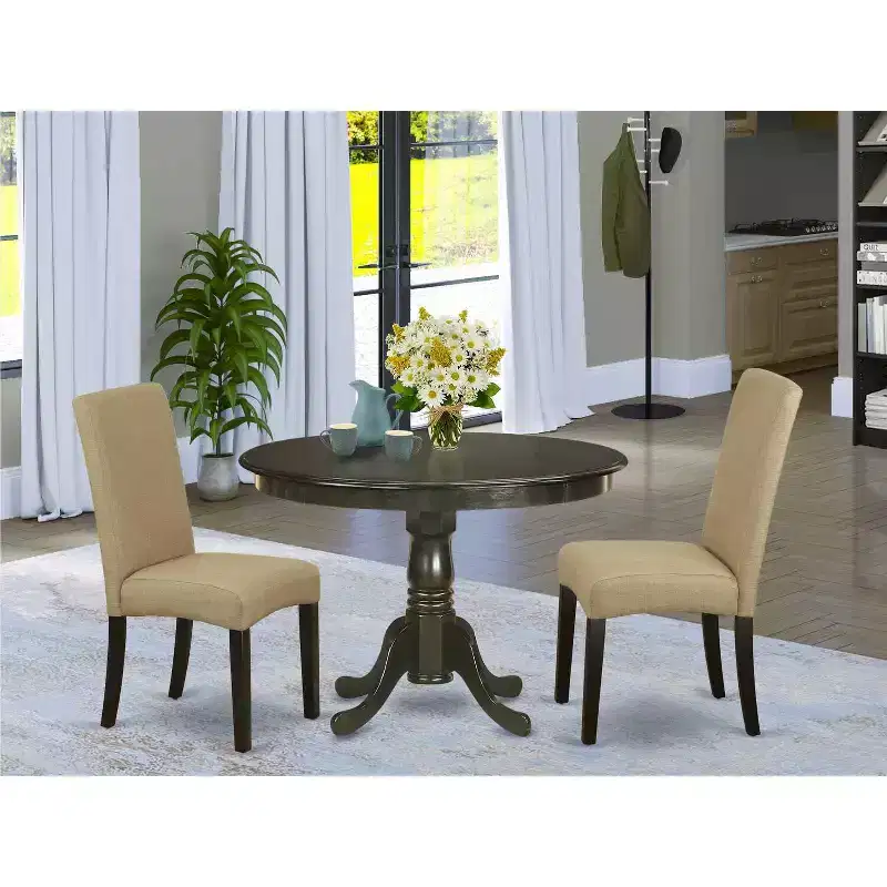 Round Dining Table Set 3pc - 42 Table & 2 Parson Chairs - Cappuccino Finish - Linen Fabric - Home Dining Room