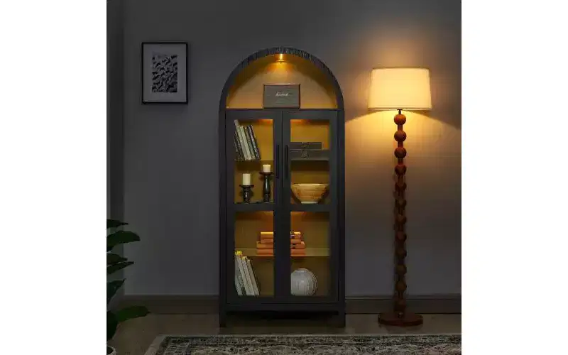 VIYET 67 Arched Storage Cabinet - LED Lamp, black MDF, Adjustable Glass Partitions
