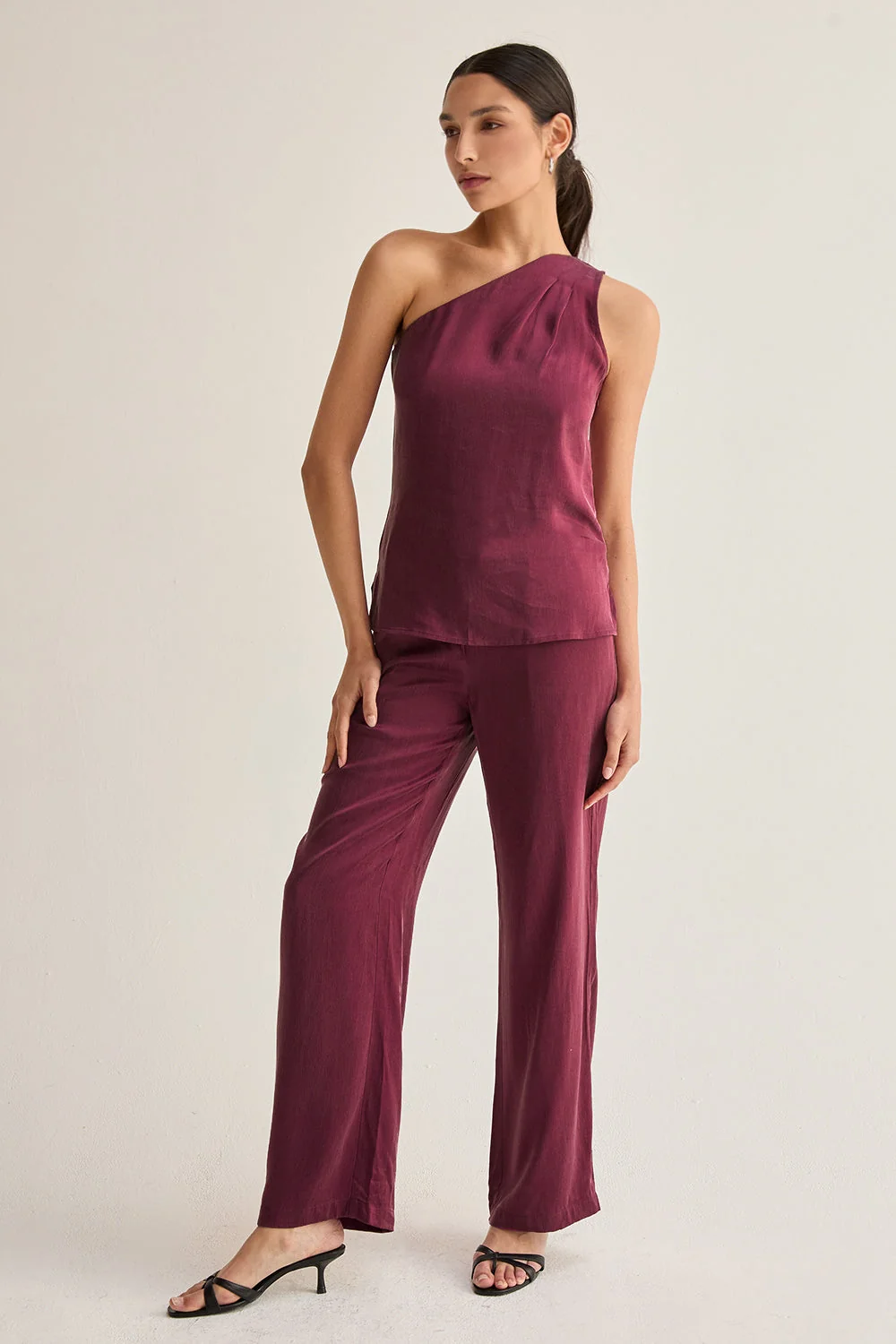 High Waist Straight Leg Cupro Trousers with Slash Pockets