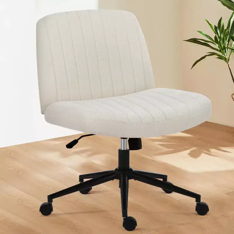 Office Desk Vanity Chair Cross Legged Armless Swivel Fabric Height Adjustable Wide Seat with Replaceable Wheels/Fixed Base, Comfy Task Chair Padded