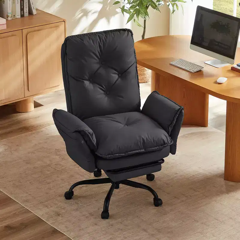 Office Chair with Footrest and Flip-Up Arms, Ergonomic High Back Criss Cross Chair with Side Pockets, Leather Cross Legged Chair with Wheels