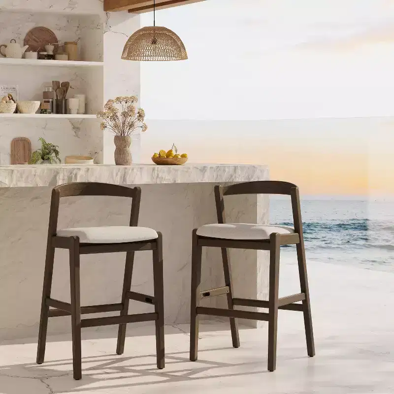 Vane Mid-Century Modern Rubberwood Barstool with Curved Open Back ( )