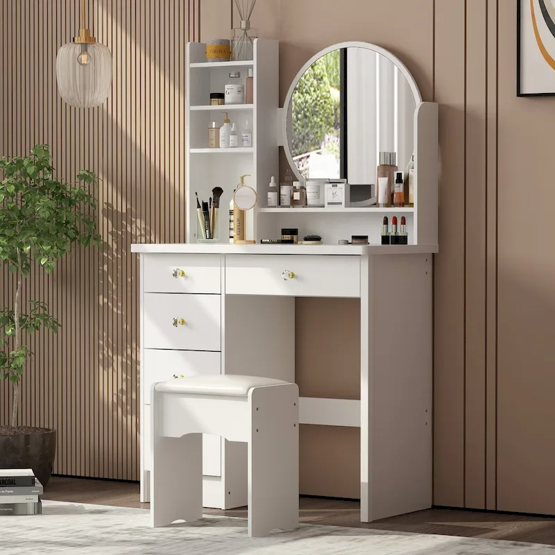 Timechee Makeup Vanity Set with Round Mirror, Drawers & Shelves - White - 31.5L x 15.7W x 52H