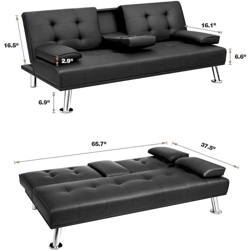 Furniwell Modern Faux Leather Futon with Cup Holders & Pillows, 65