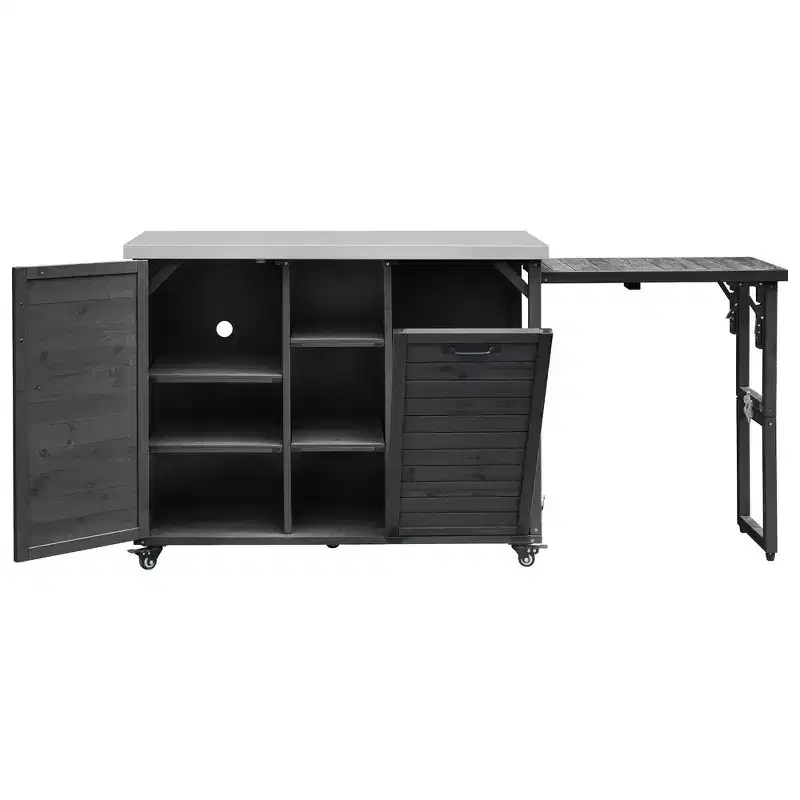 Whisen 78.3 Outdoor Kitchen Island, Wooden Grill Cart, Outdoor Bar Cart, Folding Grill Table with Stainless Steel Top