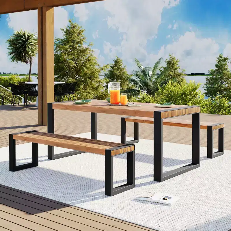 3pcs Patio Dining Set, Outdoor Dining Table With 2 Benches, Acacia Wood Top & Steel Frame, All Weather, Outdoor & Indoor, Natural -ModernLuxe