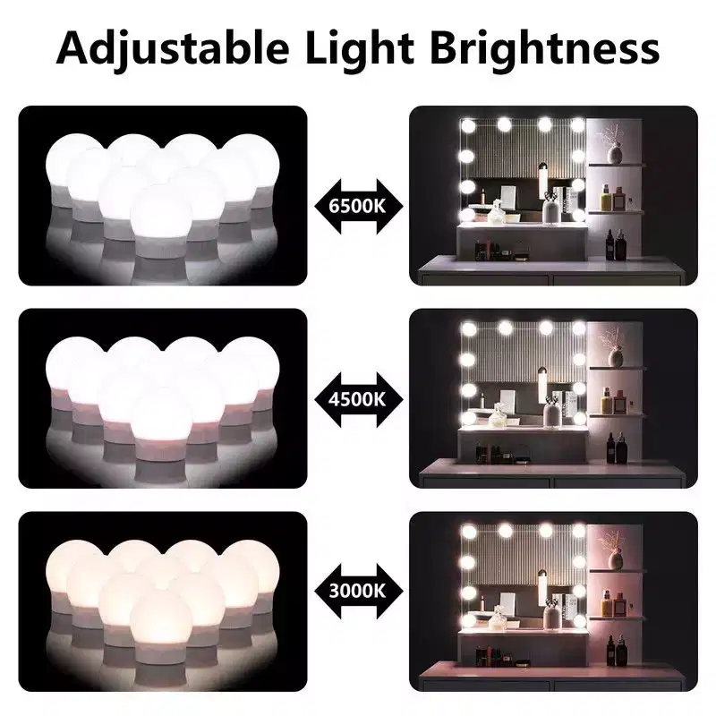 White Linen Particle Board with Triamine Iron Feet Two Drawers Three Shelves Three Colors Dimmable Bulb Light Luxury Style Dressing Table Set