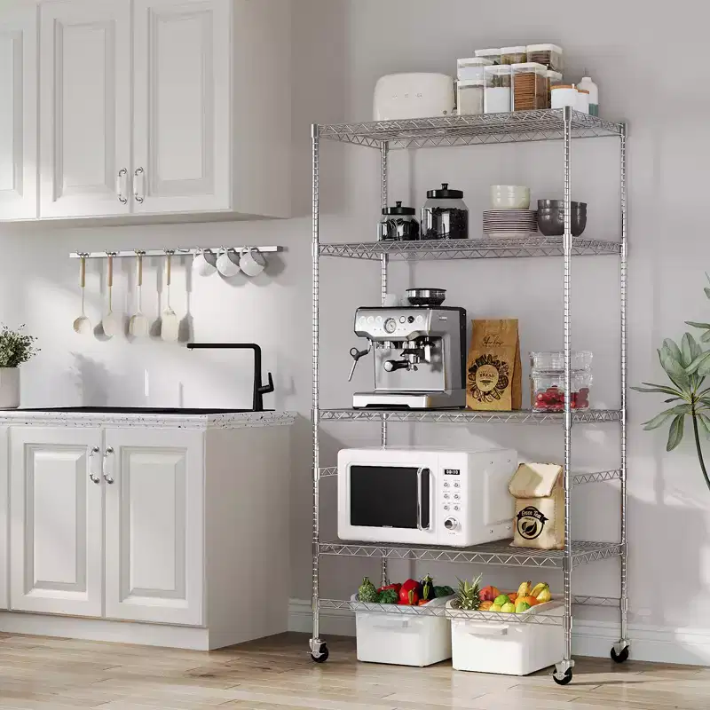 4 Tier Metal Storage Shelf withWheels, Heavy Duty Adjustable Storage Rack with Casters, Freestanding Wire Shelving Unit for Garage, Pantry, Silver