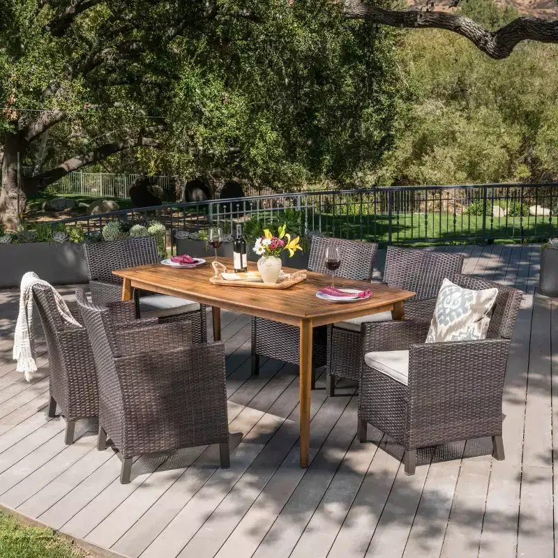 Christopher Knight Home Reese Outdoor Wicker and Acacia Wood 7 Piece Dining Set with Cushion, Multibrown/Teak