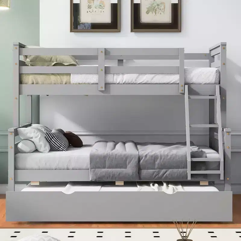 Okak Twin over Full Wood Bunk Bed with Twin Size Trundle Loft Bunk Bed with Stairway & Safety Guardrail for Kids Teens, Easy Assemble