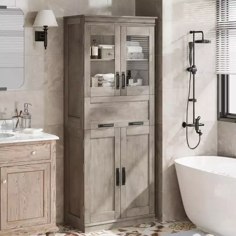 67-Inch Tall Freestanding Storage Cabinet 4 Doors Flip-Up Glass Drawer