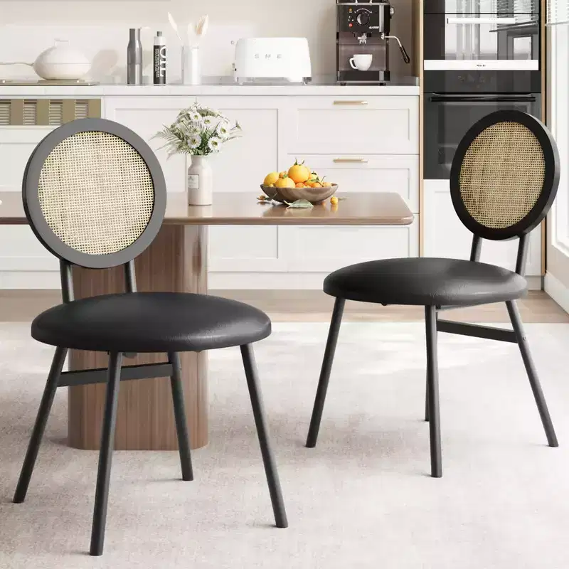 Rattan Kitchen Chairs with Metal Legs, Modern Upholstered Dining Chairs with Thick Cushions for Small Space