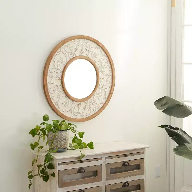 Wood Floral Wall Mirror with Embossed Metal White: Farmhouse Style, No Assembly, MDF Frame, 31.5
