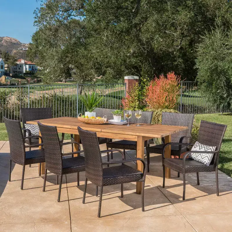 Lambert 9pc Acacia & Wicker Dining Set: Expandable, Weather-Resistant - Christopher Knight Home