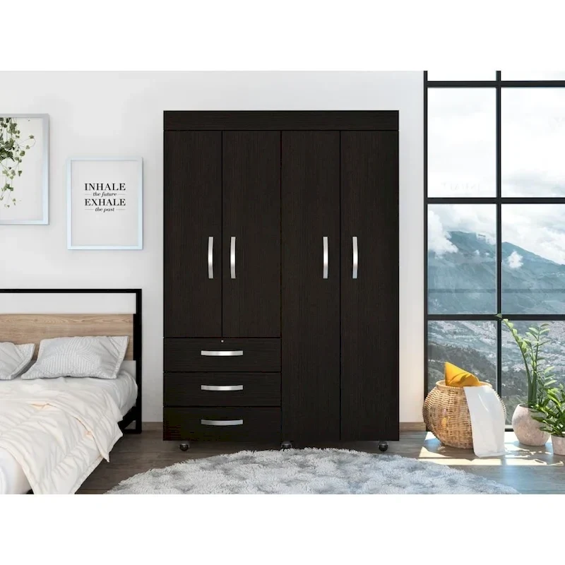 Denver Mobile Armoire with Rods, Double Door Cabinet, 3 Drawers, and 2 Shelves - N/A