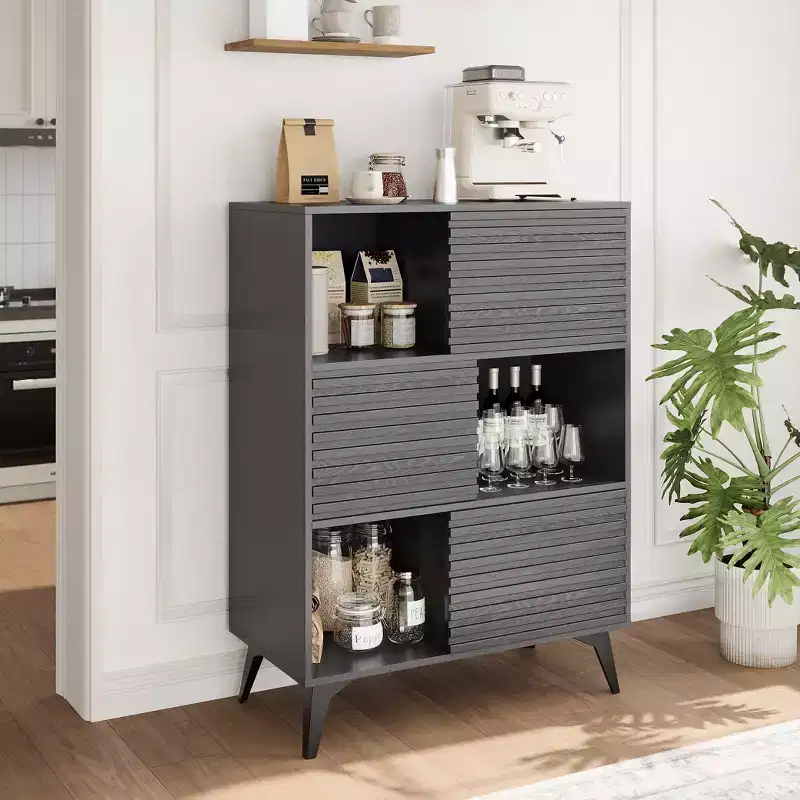 Mid-Century Modern 3-Tier Display Storage Cabinet with Doors Wooden Buffet Accent Cabinet Strong Legs for Living Room Dining Room Kitchen Hallway