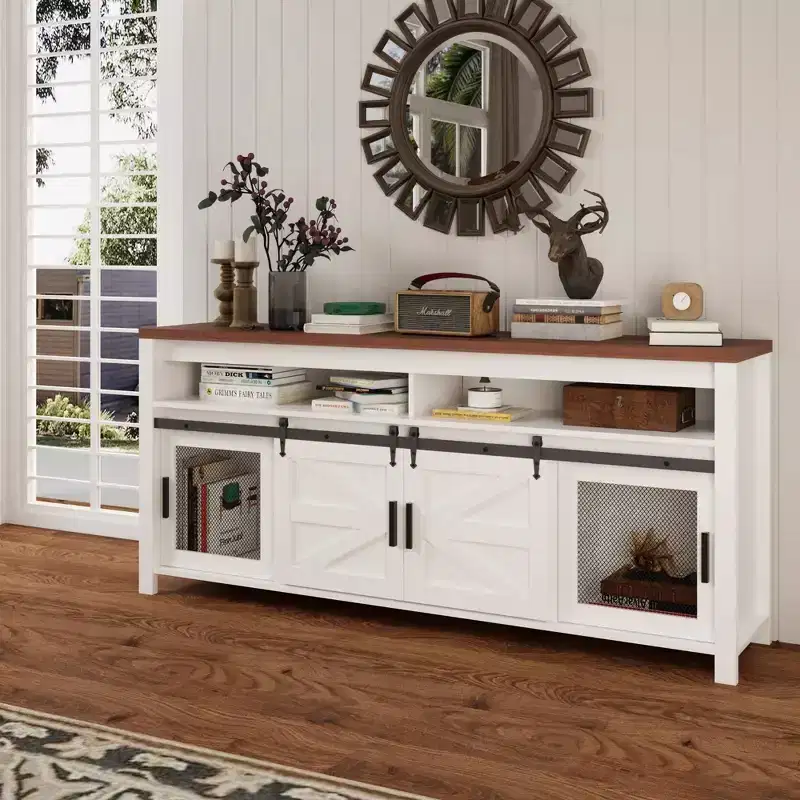 GustoWave Farmhouse TV Stand, Heavy-Duty TV Console Media Cabinet with Adjustable Shelf & Sliding Barn Door for Living Room, Bedroom, White/Walnut