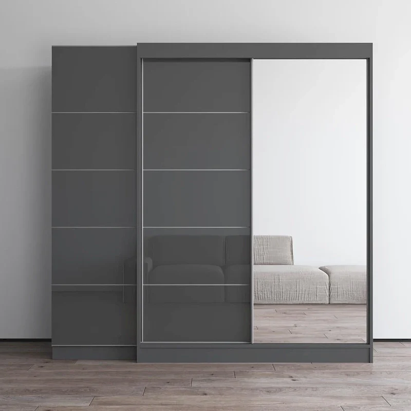 2-Door Wardrobe with Mirror, Glass Front, 2-Person (Gray / Black / White)