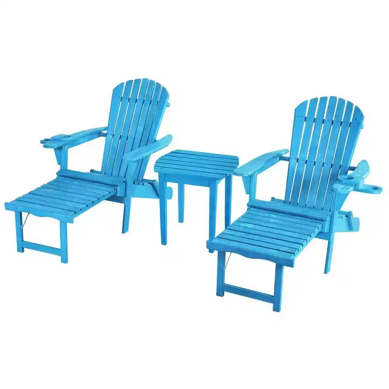 Jiallo Oceanic Collection Adirondack Chaise Lounge Chair Foldable, cup and glass holder, built in ottoman, Set of 2 Lounge chairs and 1 end table