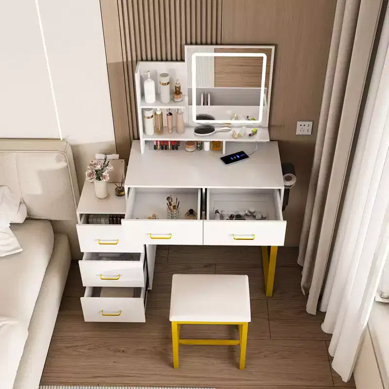 Okak Vanity Desk with 3 Color Adjustable Mirror and Power Outlet, Makeup Vanity with Metal Frame and Stool, Dressing Table for Home, White