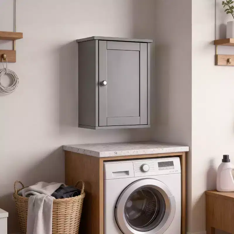 Gray Bathroom Wall Cabinet with 1 Door & 1 Shelf, Space-Saving Wall-Mounted Storage