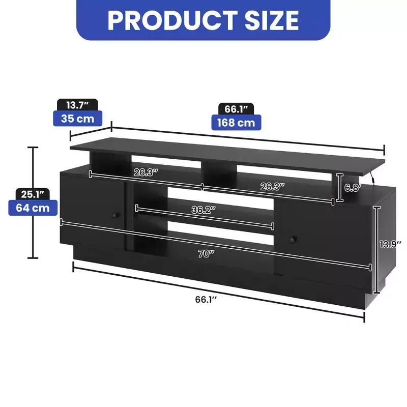 Modern TV Stand for 65/ 75 Inches, LED Entertainment Center with Storage Cabinets &Movable Partition,TV Console for Living Room, Black