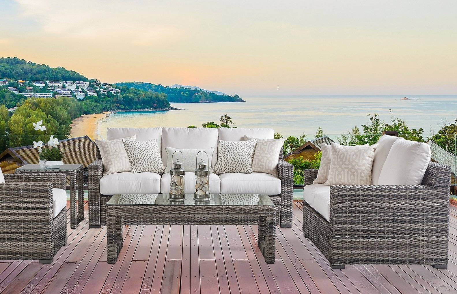 New Java Outdoor Wicker Swivel Glider Sandstone Finish All-Weather Outdoor Patio Chair