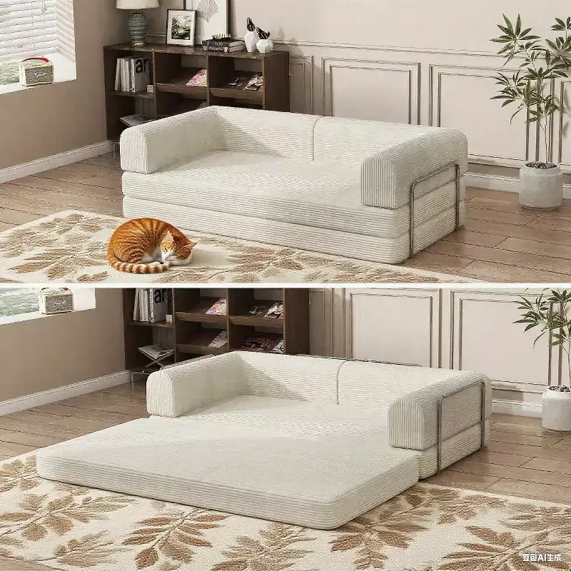 Corduroy Sleeper Sofa Bed,Folding Mattress Couch with Fixed-Shape Frame, 3 Seater Fold Out King Size Futon,No Assembly Floor Couch