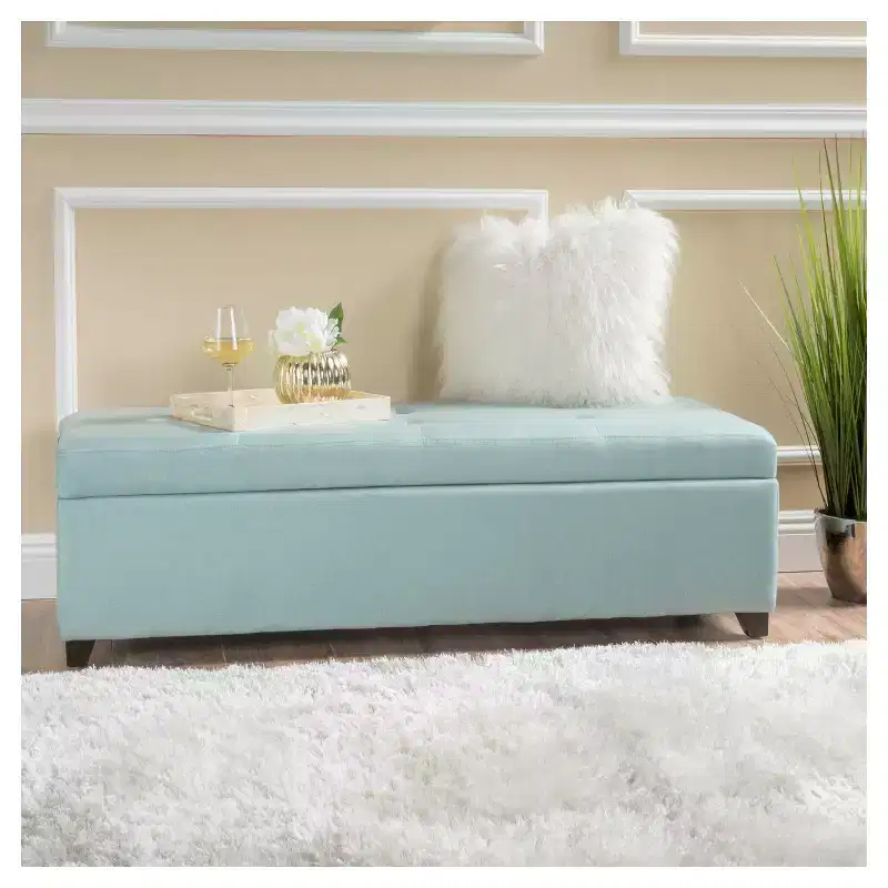 Fabric Storage Ottoman Bench - Light Blue with Tufted Lid