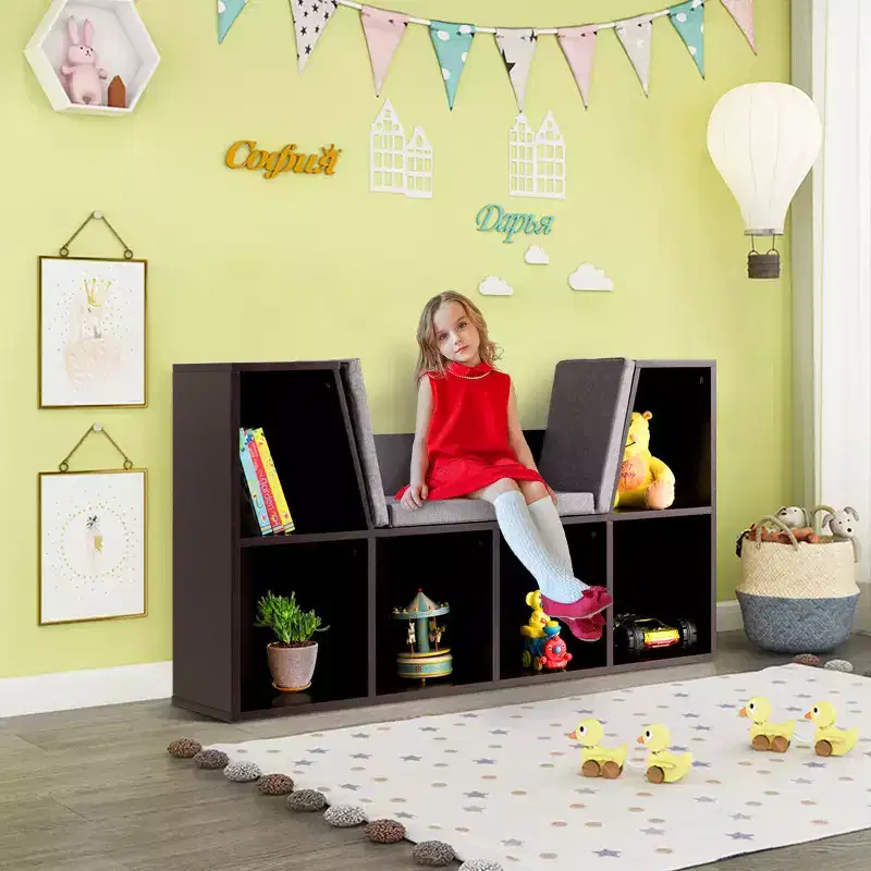 6-Cubby Kids Storage Bookcase with Reading Nook Cushion – Brown, 110 lb Capacity